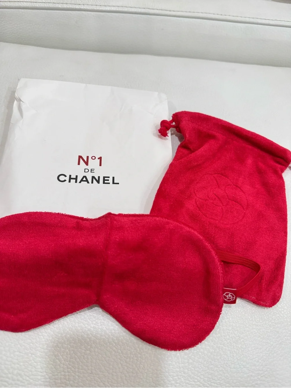 CHANEL Red Velvet Sleep Mask with Drawstring Pouch